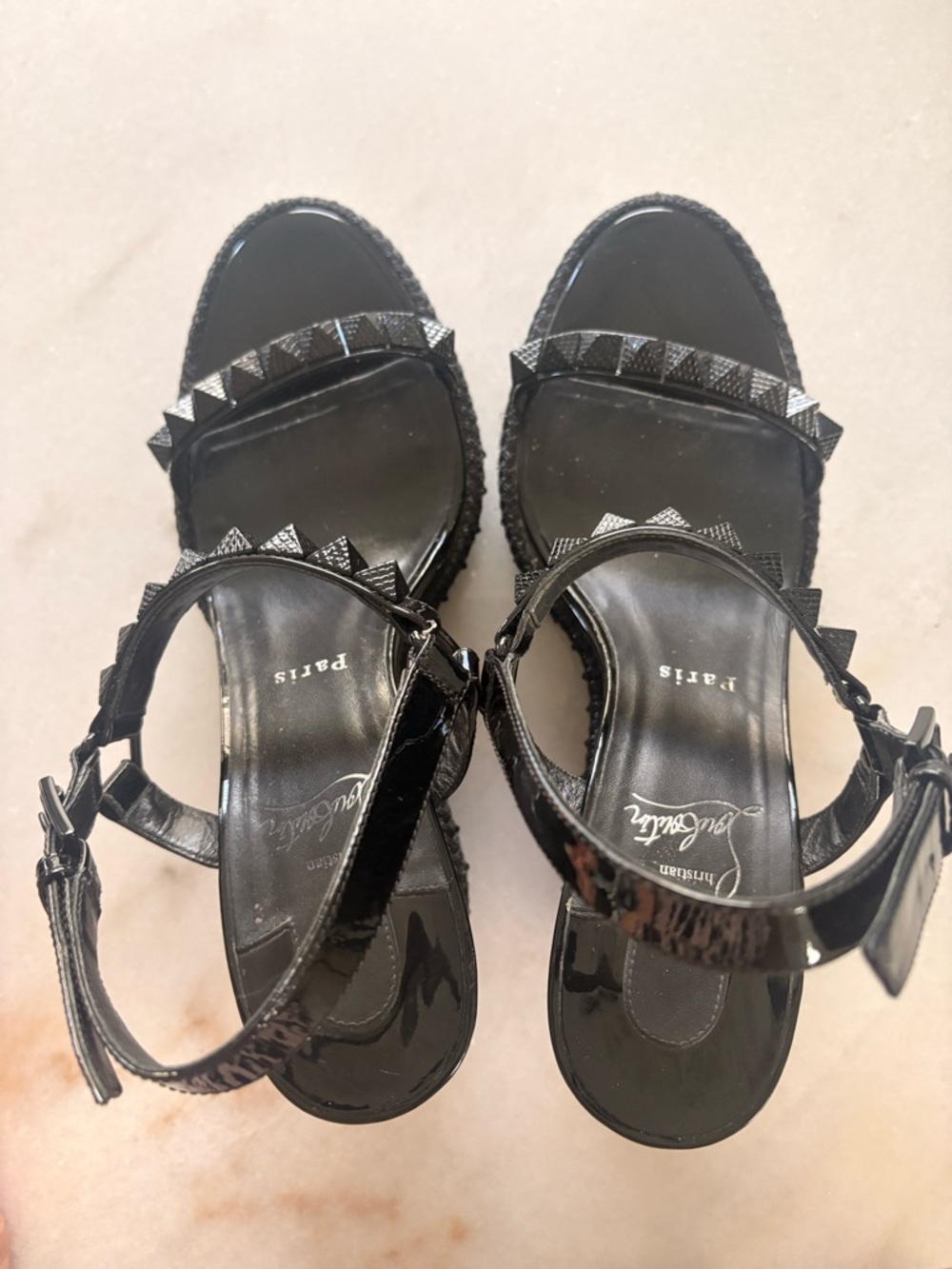 Christian Louboutin Black Studded Wedge Sandals - Picture 4 of 8